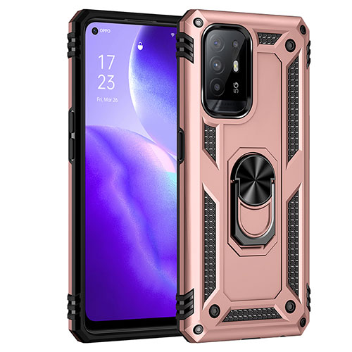 Silicone Matte Finish and Plastic Back Cover Case with Magnetic Finger Ring Stand MQ4 for Oppo A94 5G Rose Gold
