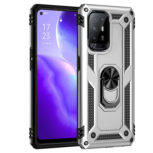 Silicone Matte Finish and Plastic Back Cover Case with Magnetic Finger Ring Stand MQ4 for Oppo F19 Pro+ Plus 5G Silver