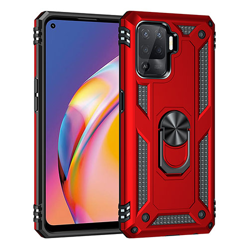 Silicone Matte Finish and Plastic Back Cover Case with Magnetic Finger Ring Stand MQ4 for Oppo Reno5 F Red