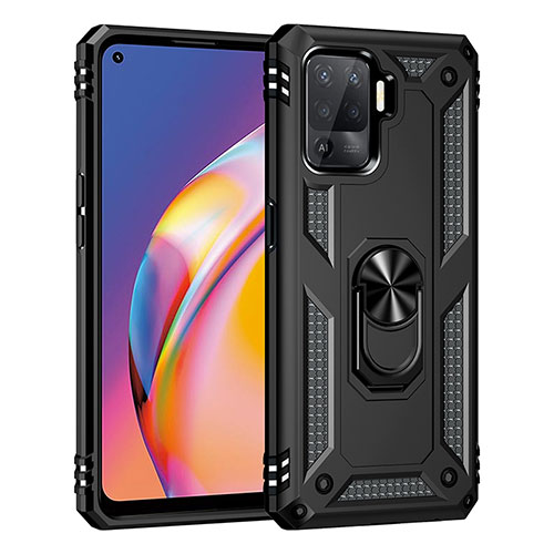 Silicone Matte Finish and Plastic Back Cover Case with Magnetic Finger Ring Stand MQ4 for Oppo Reno5 Lite Black