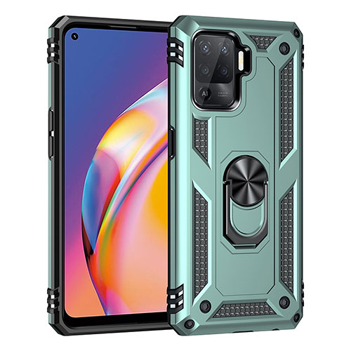 Silicone Matte Finish and Plastic Back Cover Case with Magnetic Finger Ring Stand MQ4 for Oppo Reno5 Lite Green