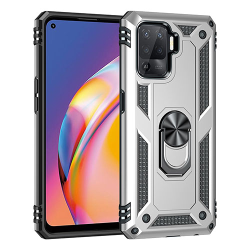 Silicone Matte Finish and Plastic Back Cover Case with Magnetic Finger Ring Stand MQ4 for Oppo Reno5 Lite Silver