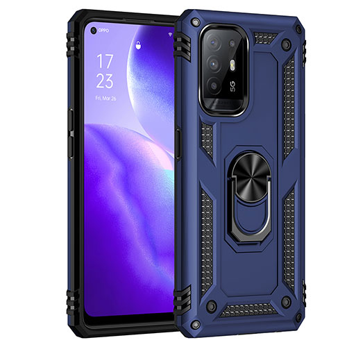 Silicone Matte Finish and Plastic Back Cover Case with Magnetic Finger Ring Stand MQ4 for Oppo Reno5 Z 5G Blue