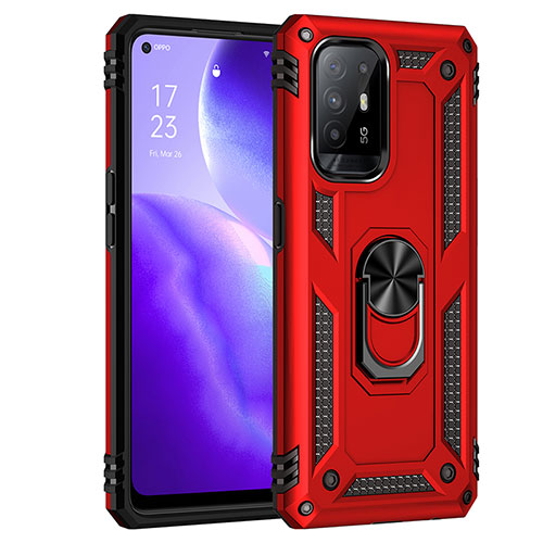 Silicone Matte Finish and Plastic Back Cover Case with Magnetic Finger Ring Stand MQ4 for Oppo Reno5 Z 5G Red