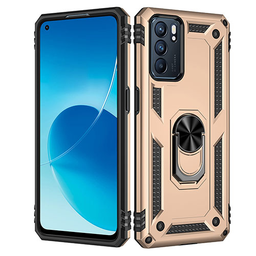 Silicone Matte Finish and Plastic Back Cover Case with Magnetic Finger Ring Stand MQ4 for Oppo Reno6 5G Gold