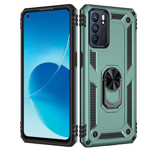 Silicone Matte Finish and Plastic Back Cover Case with Magnetic Finger Ring Stand MQ4 for Oppo Reno6 5G Green