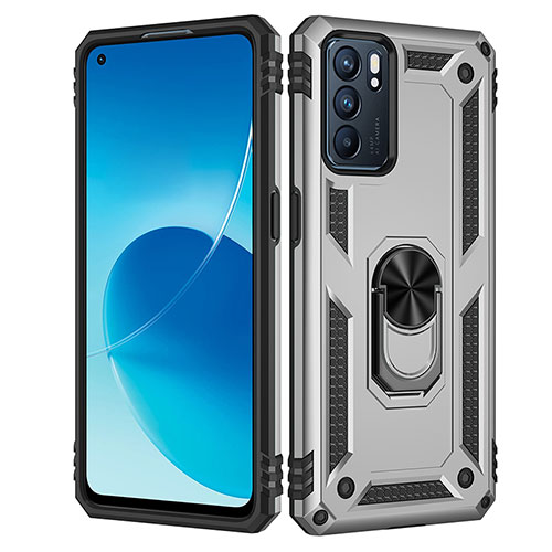 Silicone Matte Finish and Plastic Back Cover Case with Magnetic Finger Ring Stand MQ4 for Oppo Reno6 5G Silver
