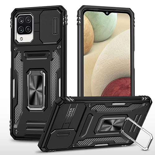 Silicone Matte Finish and Plastic Back Cover Case with Magnetic Finger Ring Stand MQ4 for Samsung Galaxy A12 5G Black