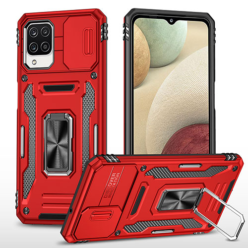 Silicone Matte Finish and Plastic Back Cover Case with Magnetic Finger Ring Stand MQ4 for Samsung Galaxy A12 5G Red