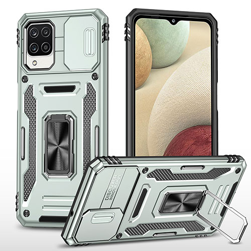 Silicone Matte Finish and Plastic Back Cover Case with Magnetic Finger Ring Stand MQ4 for Samsung Galaxy A12 Nacho Gray