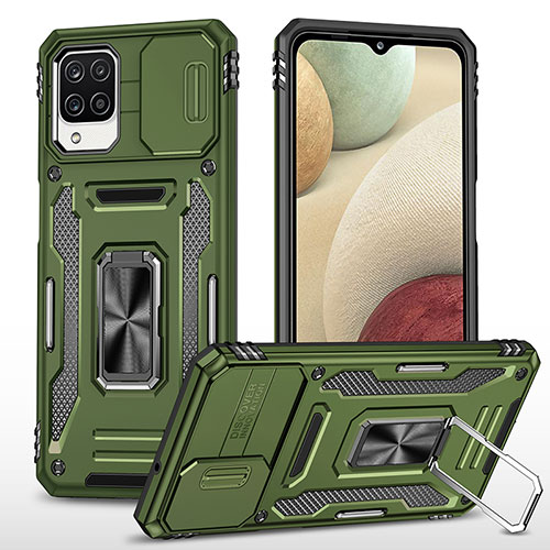 Silicone Matte Finish and Plastic Back Cover Case with Magnetic Finger Ring Stand MQ4 for Samsung Galaxy A12 Nacho Green