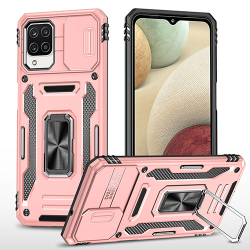 Silicone Matte Finish and Plastic Back Cover Case with Magnetic Finger Ring Stand MQ4 for Samsung Galaxy A12 Nacho Rose Gold