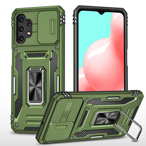 Silicone Matte Finish and Plastic Back Cover Case with Magnetic Finger Ring Stand MQ4 for Samsung Galaxy A32 4G Green