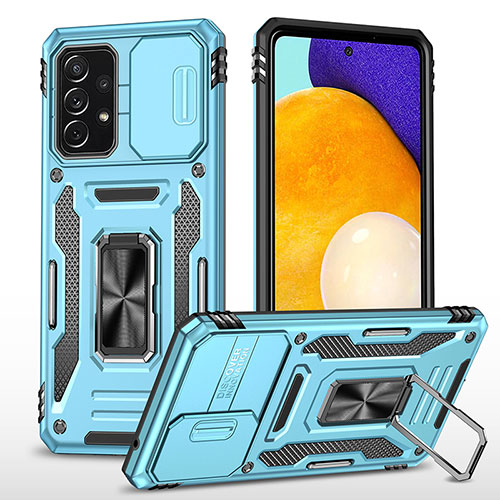 Silicone Matte Finish and Plastic Back Cover Case with Magnetic Finger Ring Stand MQ4 for Samsung Galaxy A52 4G Sky Blue