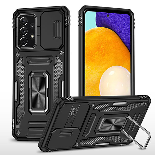 Silicone Matte Finish and Plastic Back Cover Case with Magnetic Finger Ring Stand MQ4 for Samsung Galaxy A52s 5G Black