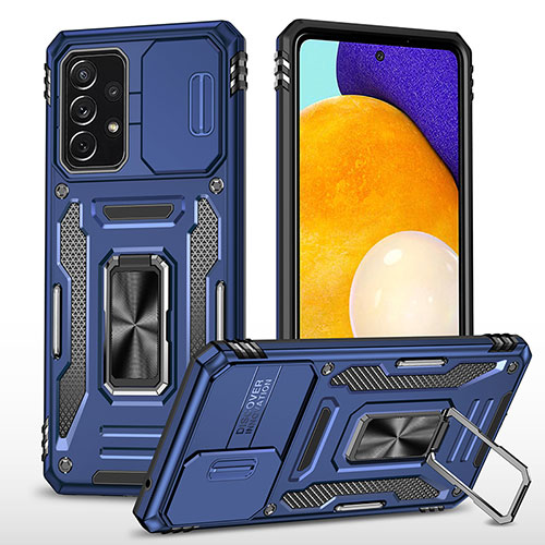 Silicone Matte Finish and Plastic Back Cover Case with Magnetic Finger Ring Stand MQ4 for Samsung Galaxy A52s 5G Blue