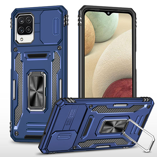 Silicone Matte Finish and Plastic Back Cover Case with Magnetic Finger Ring Stand MQ4 for Samsung Galaxy M12 Blue