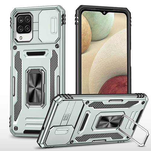 Silicone Matte Finish and Plastic Back Cover Case with Magnetic Finger Ring Stand MQ4 for Samsung Galaxy M12 Gray