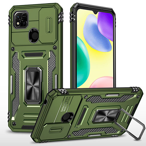 Silicone Matte Finish and Plastic Back Cover Case with Magnetic Finger Ring Stand MQ4 for Xiaomi POCO C3 Green