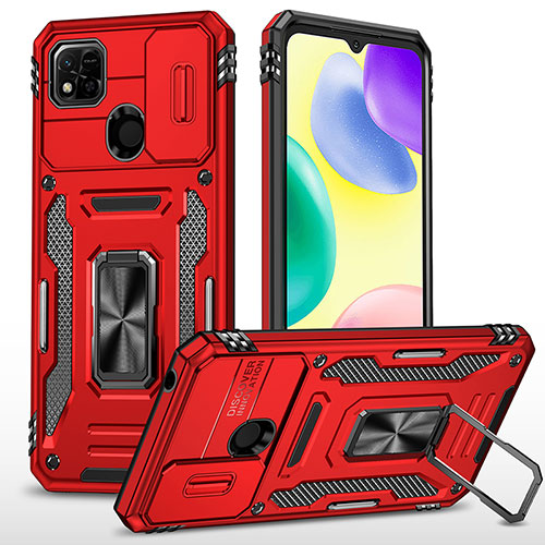 Silicone Matte Finish and Plastic Back Cover Case with Magnetic Finger Ring Stand MQ4 for Xiaomi POCO C3 Red