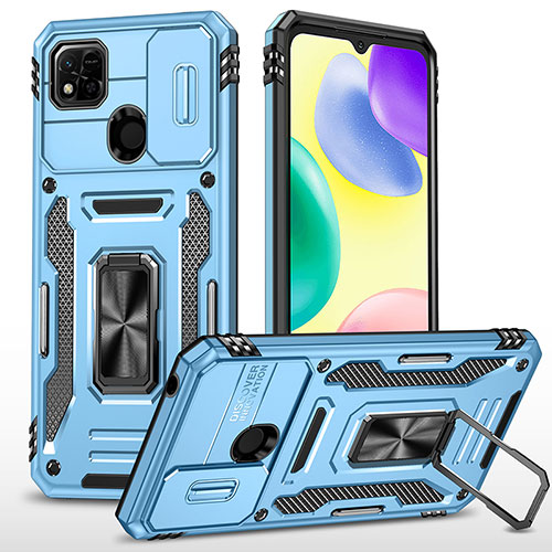 Silicone Matte Finish and Plastic Back Cover Case with Magnetic Finger Ring Stand MQ4 for Xiaomi POCO C3 Sky Blue