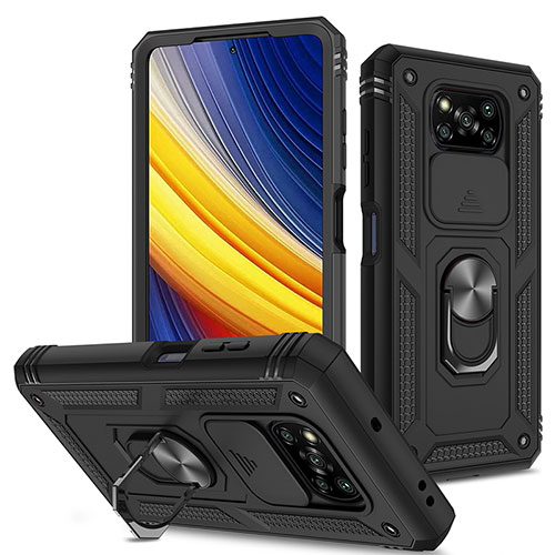 Silicone Matte Finish and Plastic Back Cover Case with Magnetic Finger Ring Stand MQ4 for Xiaomi Poco X3 Pro Black