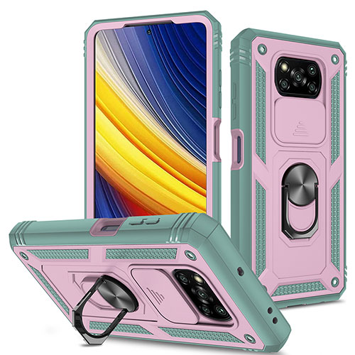 Silicone Matte Finish and Plastic Back Cover Case with Magnetic Finger Ring Stand MQ4 for Xiaomi Poco X3 Pro Pink