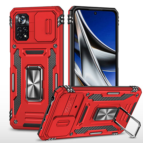 Silicone Matte Finish and Plastic Back Cover Case with Magnetic Finger Ring Stand MQ4 for Xiaomi Poco X4 Pro 5G Red