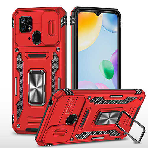 Silicone Matte Finish and Plastic Back Cover Case with Magnetic Finger Ring Stand MQ4 for Xiaomi Redmi 10 India Red