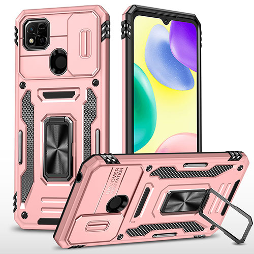 Silicone Matte Finish and Plastic Back Cover Case with Magnetic Finger Ring Stand MQ4 for Xiaomi Redmi 9 Activ Rose Gold