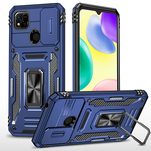 Silicone Matte Finish and Plastic Back Cover Case with Magnetic Finger Ring Stand MQ4 for Xiaomi Redmi 9 India Blue