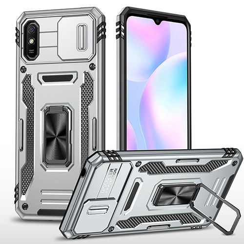 Silicone Matte Finish and Plastic Back Cover Case with Magnetic Finger Ring Stand MQ4 for Xiaomi Redmi 9A Silver