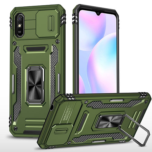 Silicone Matte Finish and Plastic Back Cover Case with Magnetic Finger Ring Stand MQ4 for Xiaomi Redmi 9AT Green