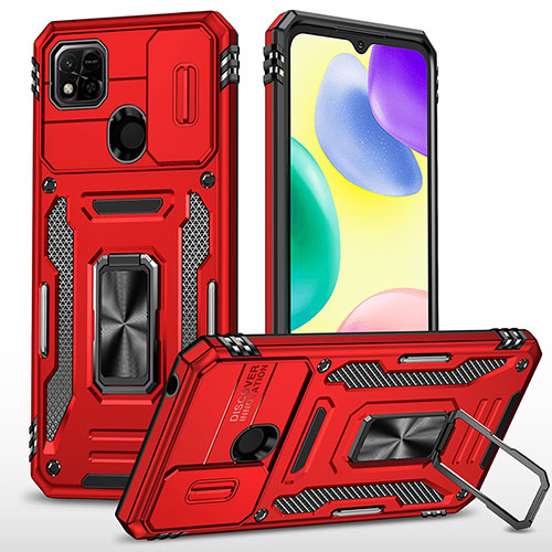 Silicone Matte Finish and Plastic Back Cover Case with Magnetic Finger Ring Stand MQ4 for Xiaomi Redmi 9C NFC Red