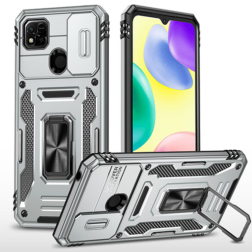 Silicone Matte Finish and Plastic Back Cover Case with Magnetic Finger Ring Stand MQ4 for Xiaomi Redmi 9C Silver