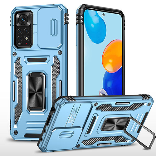 Silicone Matte Finish and Plastic Back Cover Case with Magnetic Finger Ring Stand MQ4 for Xiaomi Redmi Note 11 Pro 4G Sky Blue