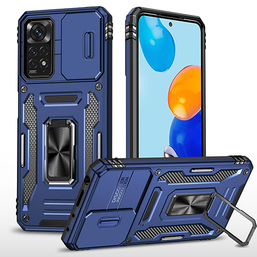 Silicone Matte Finish and Plastic Back Cover Case with Magnetic Finger Ring Stand MQ4 for Xiaomi Redmi Note 11 Pro 5G Blue