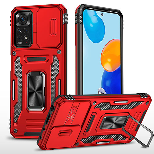 Silicone Matte Finish and Plastic Back Cover Case with Magnetic Finger Ring Stand MQ4 for Xiaomi Redmi Note 11 Pro 5G Red