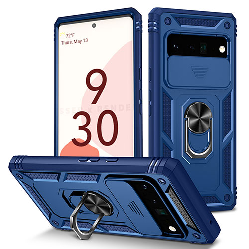 Silicone Matte Finish and Plastic Back Cover Case with Magnetic Finger Ring Stand MQ5 for Google Pixel 6 Pro 5G Blue