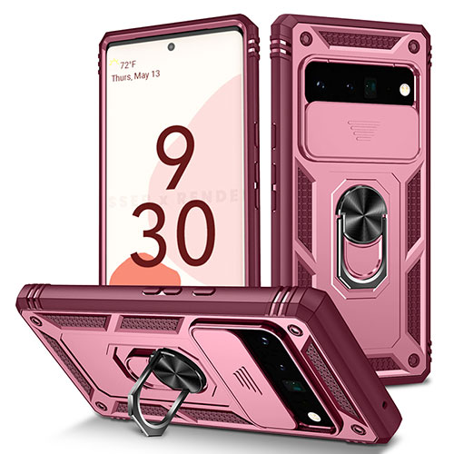 Silicone Matte Finish and Plastic Back Cover Case with Magnetic Finger Ring Stand MQ5 for Google Pixel 6 Pro 5G Hot Pink