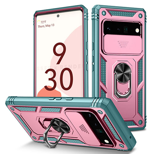 Silicone Matte Finish and Plastic Back Cover Case with Magnetic Finger Ring Stand MQ5 for Google Pixel 6 Pro 5G Pink
