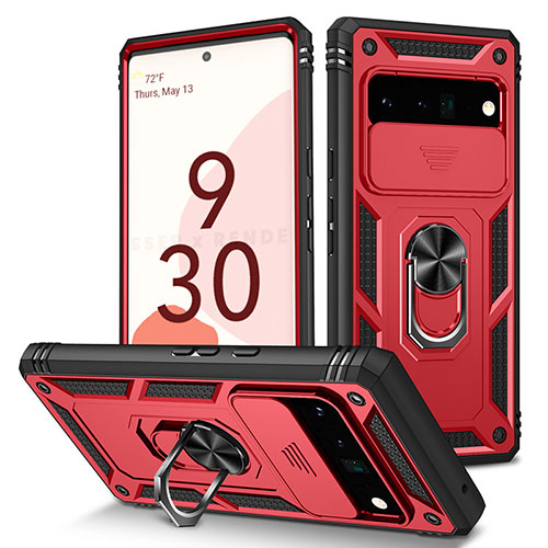 Silicone Matte Finish and Plastic Back Cover Case with Magnetic Finger Ring Stand MQ5 for Google Pixel 6 Pro 5G Red