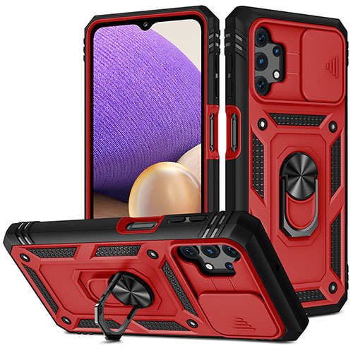 Silicone Matte Finish and Plastic Back Cover Case with Magnetic Finger Ring Stand MQ5 for Samsung Galaxy A32 4G Red