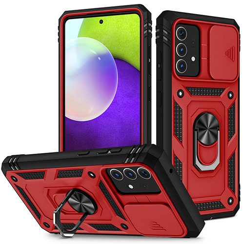 Silicone Matte Finish and Plastic Back Cover Case with Magnetic Finger Ring Stand MQ5 for Samsung Galaxy A52 4G Red