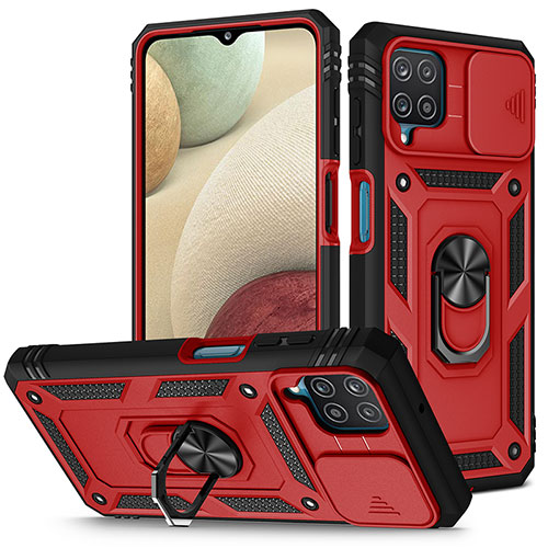 Silicone Matte Finish and Plastic Back Cover Case with Magnetic Finger Ring Stand MQ5 for Samsung Galaxy F12 Red