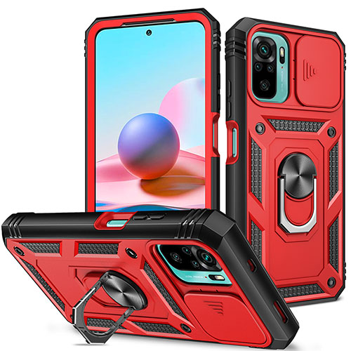 Silicone Matte Finish and Plastic Back Cover Case with Magnetic Finger Ring Stand MQ5 for Xiaomi Poco M5S Red