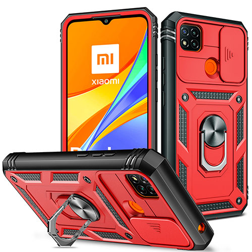 Silicone Matte Finish and Plastic Back Cover Case with Magnetic Finger Ring Stand MQ5 for Xiaomi Redmi 9C Red