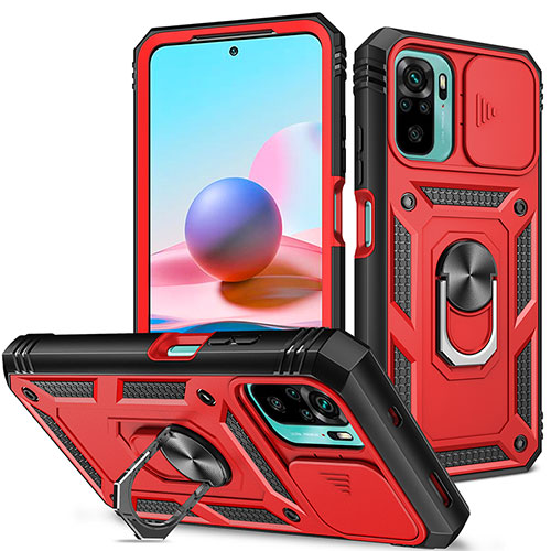 Silicone Matte Finish and Plastic Back Cover Case with Magnetic Finger Ring Stand MQ5 for Xiaomi Redmi Note 10S 4G Red