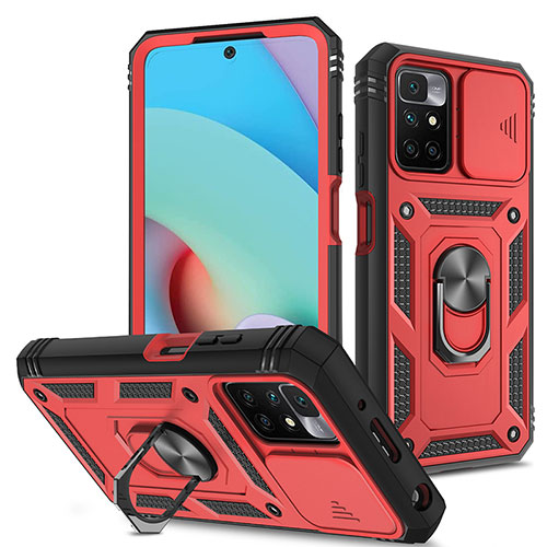 Silicone Matte Finish and Plastic Back Cover Case with Magnetic Finger Ring Stand MQ5 for Xiaomi Redmi Note 11 4G (2021) Red