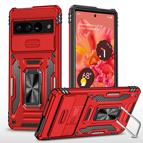 Silicone Matte Finish and Plastic Back Cover Case with Magnetic Finger Ring Stand MQ6 for Google Pixel 7 Pro 5G Red